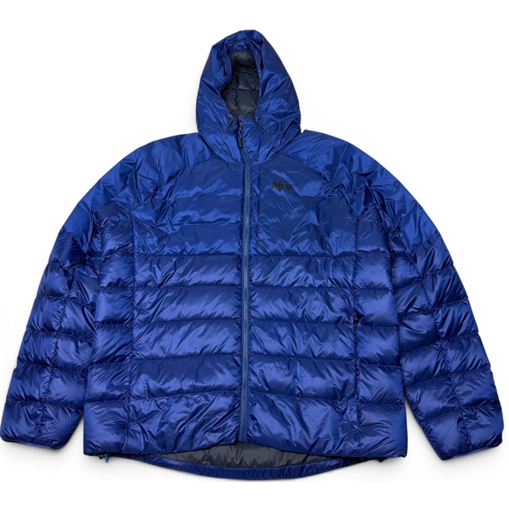 REI Co Op Stratocloud 600 Down Hoodie Jacket Mens XL Blue Full Zip Puffer READ